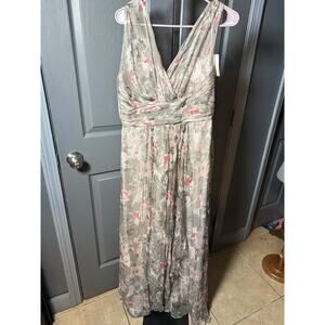Amsale Silk Chiffon Maxi Dress Sz 12 Gray Pink Floral Formal Wedding NWT